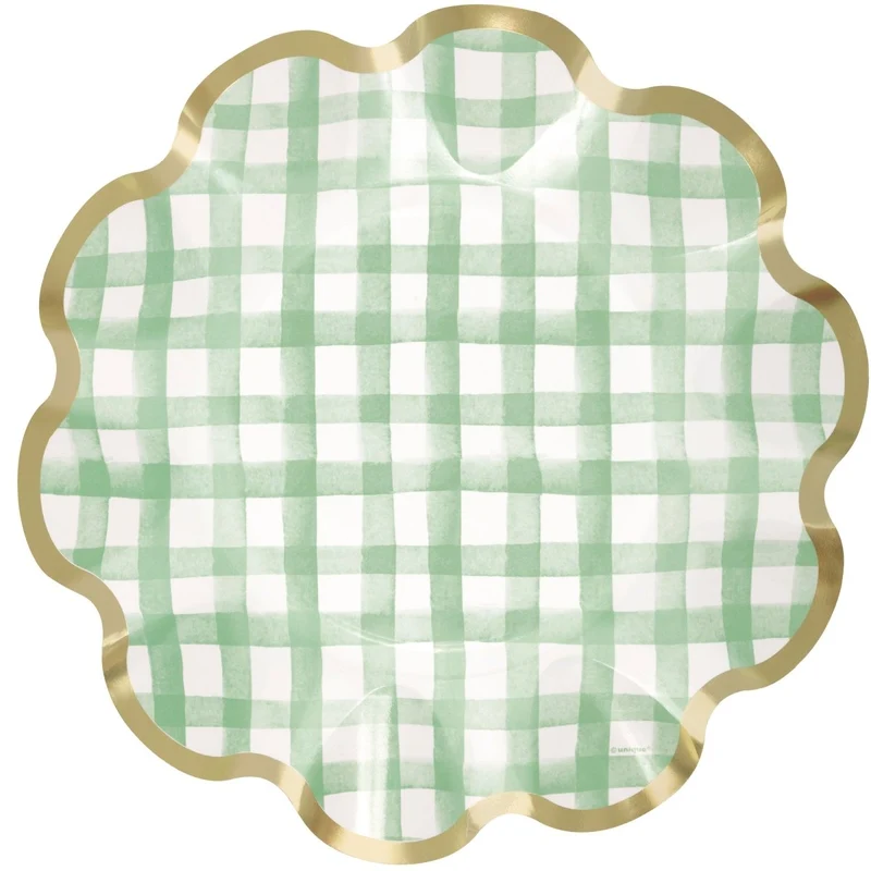 Green Gingham Large Lunch Paper Plates with Foil, 10 Inches, 8 Count