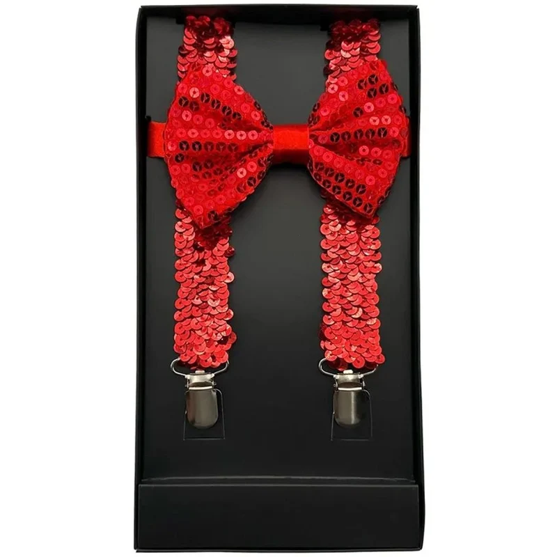 Red Sequin Suspenders with Bowtie for Adults