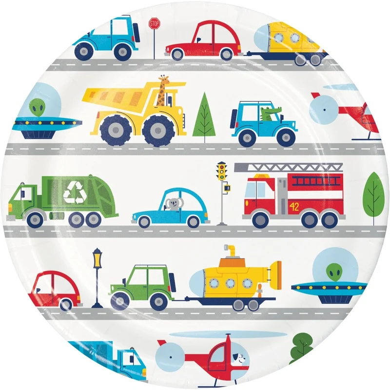 Transportation Time Large Round Lunch Paper Plates, 8.75 Inches, 8 Count