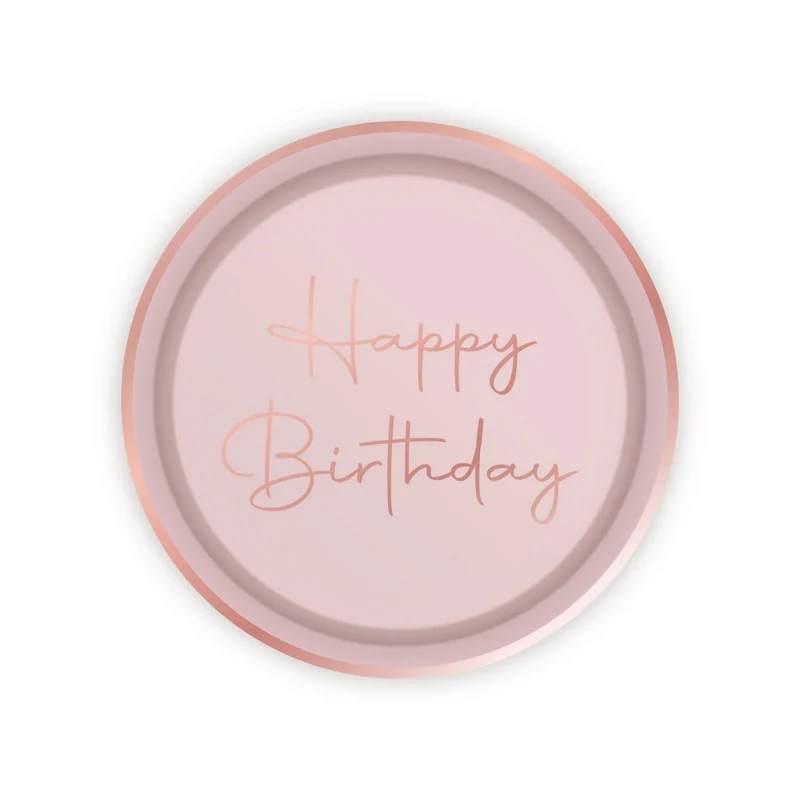 Rosé Celebration Happy Birthday Large Round Lunch Paper Plates, 9 Inches, 8 Count