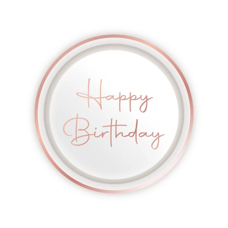 Rosé Celebration Happy Birthday Small Round Dessert Paper Plates, 7 Inches, 8 Count