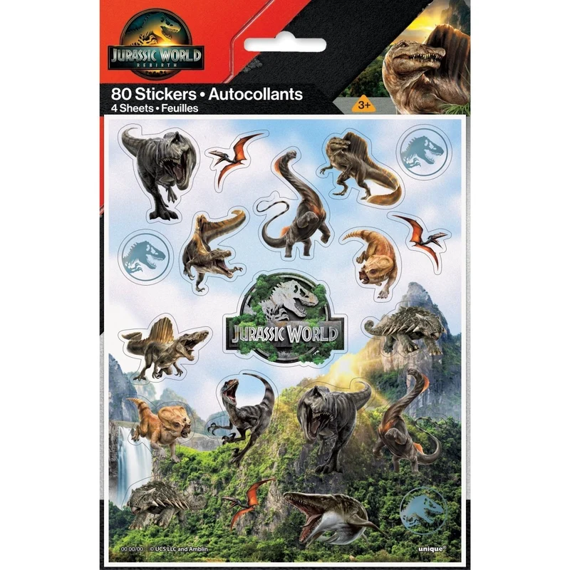 Jurassic World Birthday Sticker Sheets, 4 Sheets, 80 Count