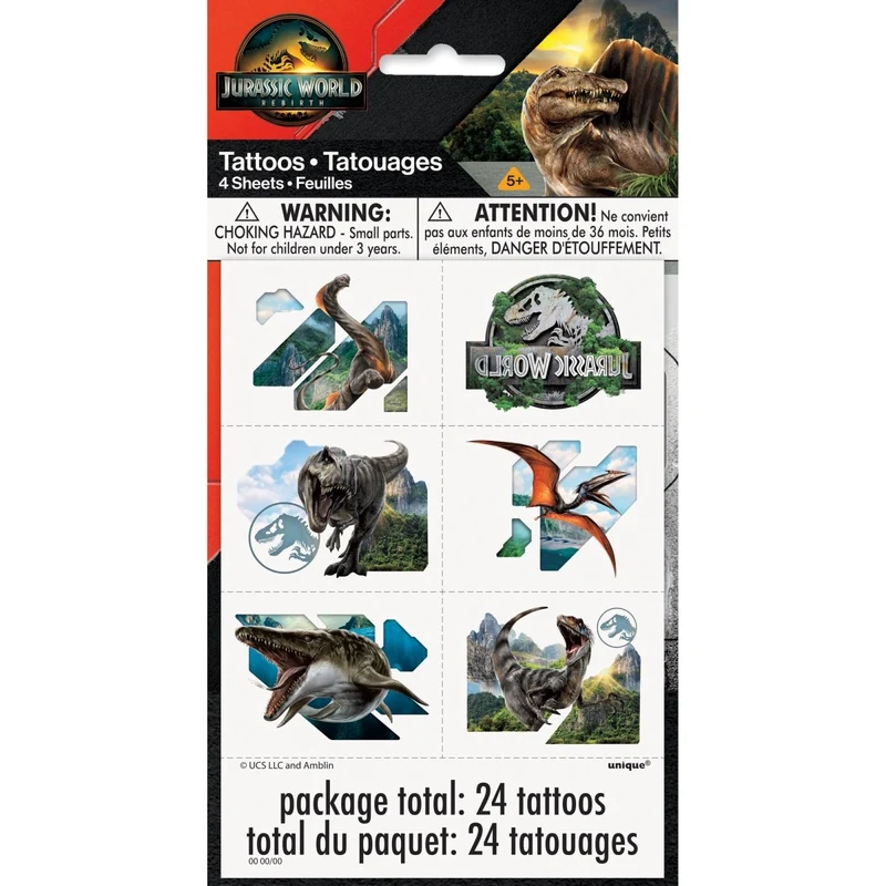 Jurassic World Birthday Temporary Tattoos, 4 Sheets, 24 Count