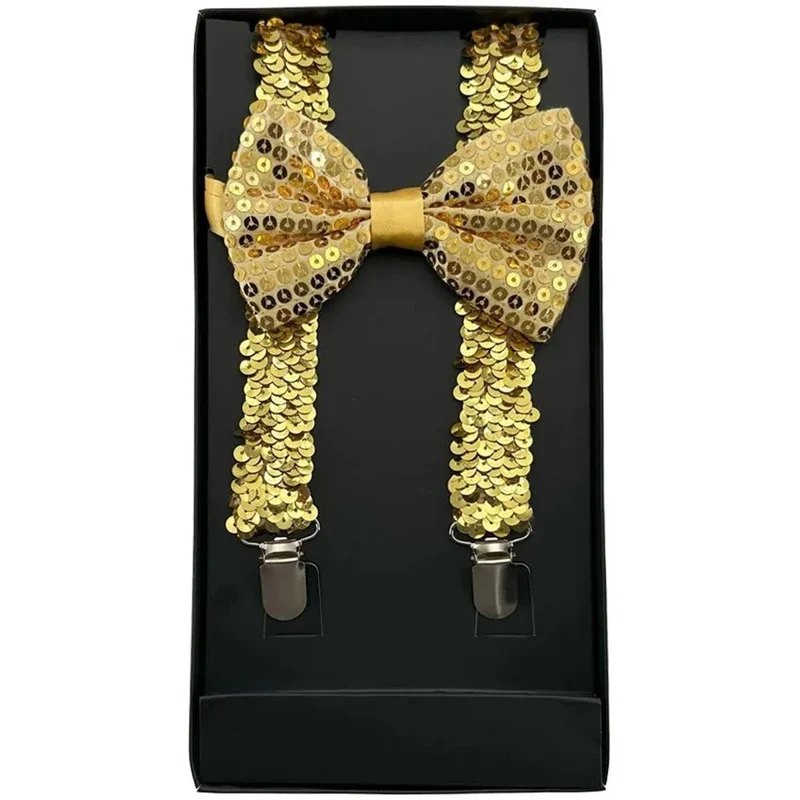 Gold Sequin Suspenders with Bowtie for Adults