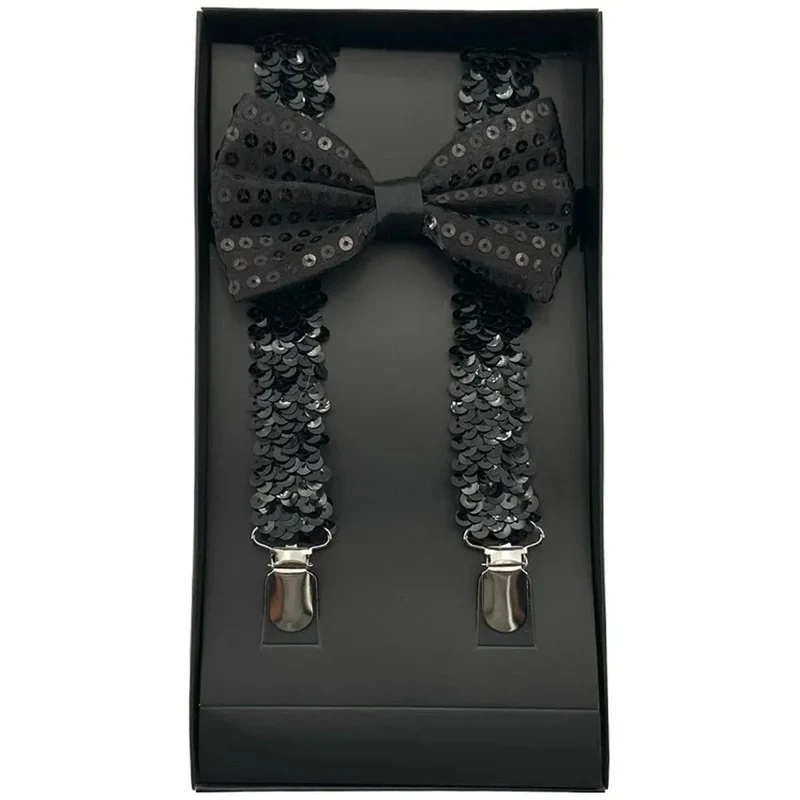 Black Sequin Suspenders with Bowtie for Adults