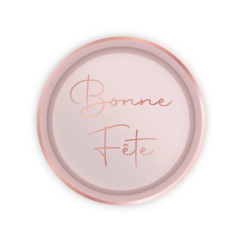 Rosé Celebration Bonne Fête Large Round Lunch Paper Plates, 9 Inches, 8 Count