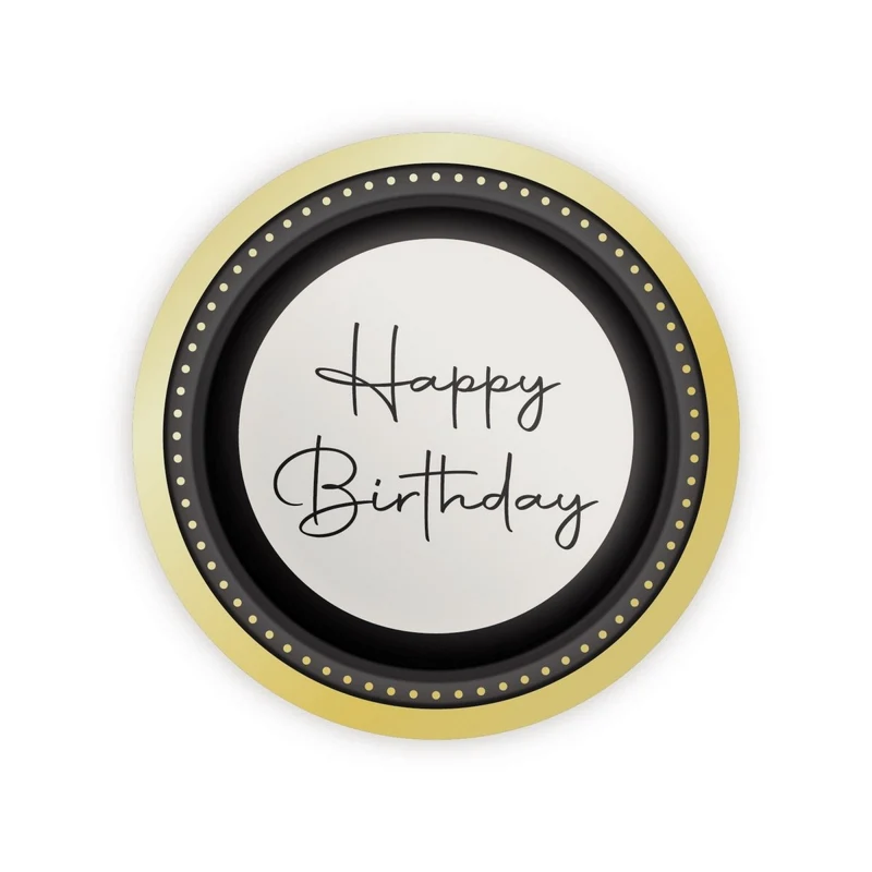 Golden Celebration Happy Birthday Large Round Lunch Paper Plates, 9 Inches, 8 Count