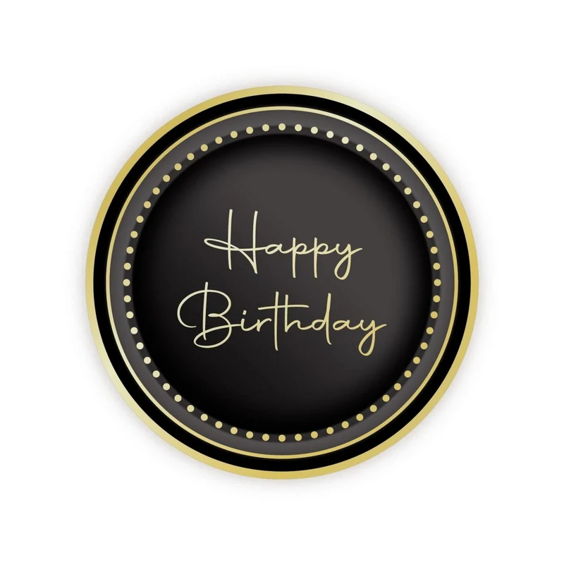 Golden Celebration Happy Birthday Small Round Dessert Paper Plates, 7 Inches, 8 Count