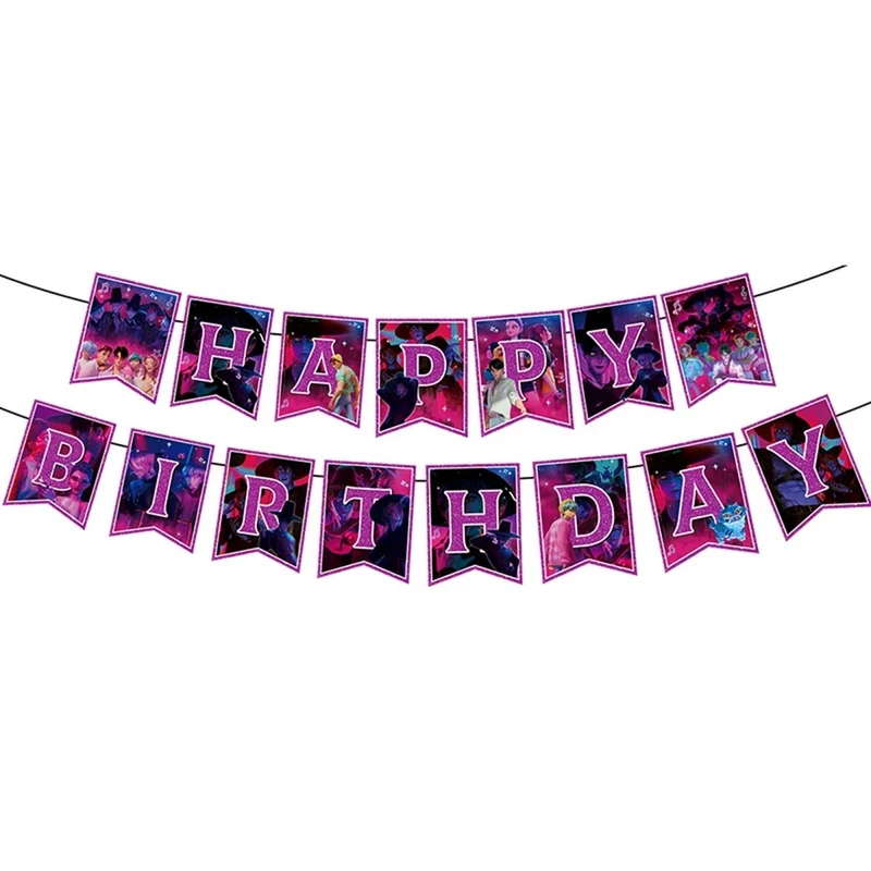 Kpop Anime Happy Birthday Paper Banner, Demon Hunter Inspired Boy Band, 79 Inches, 1 Count