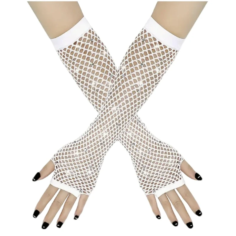 White Fingerless Fishnet Gloves with Rhinestones for Adults