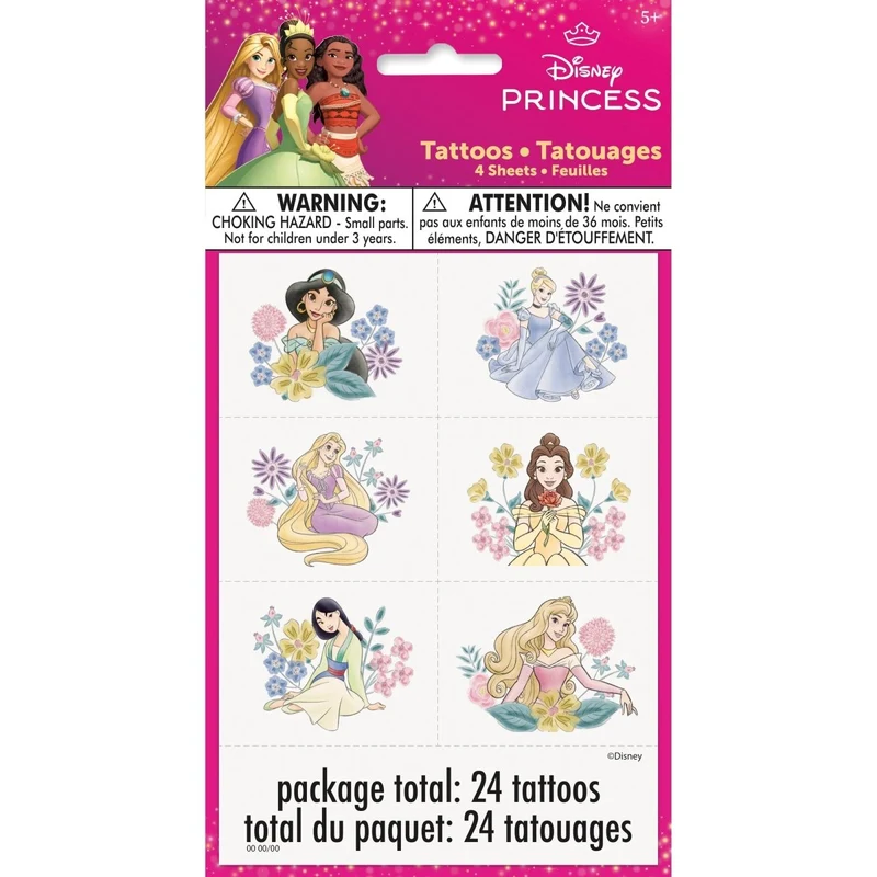 Disney Princesses Birthday Temporary Tattoos, 4 Sheets, 24 Count