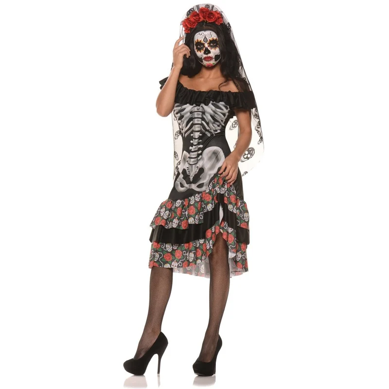Queen of the Dead Costume for Adults, Skull Printed Dress and Headband