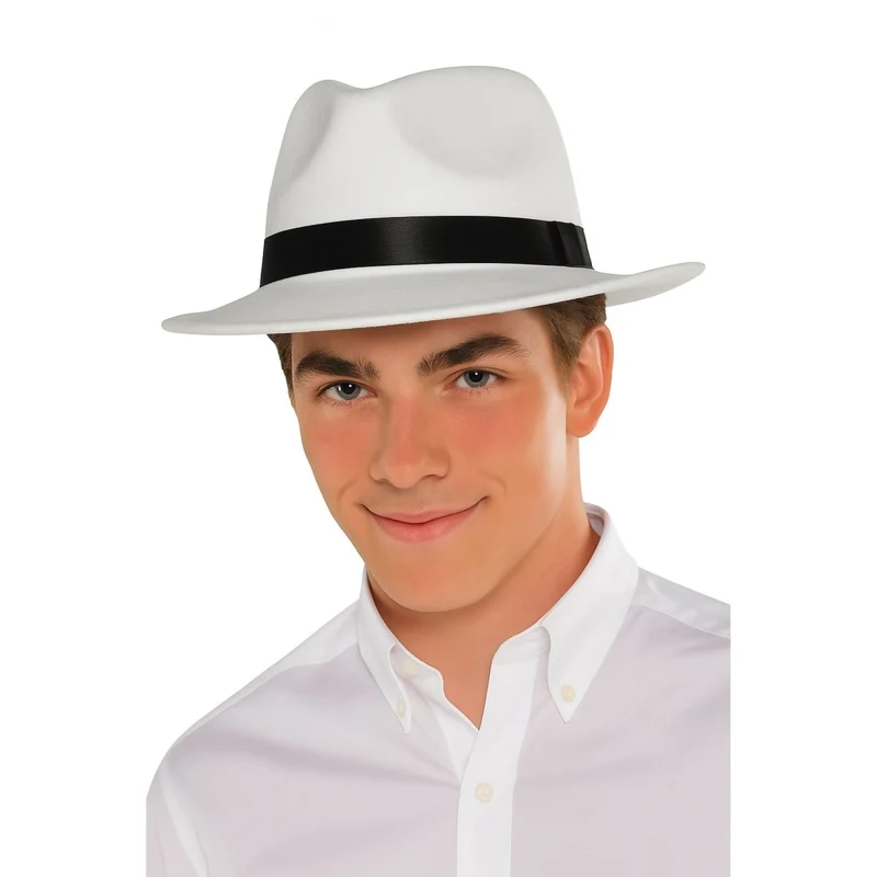 White Gangster Fedora Hat with Black Band for Adults