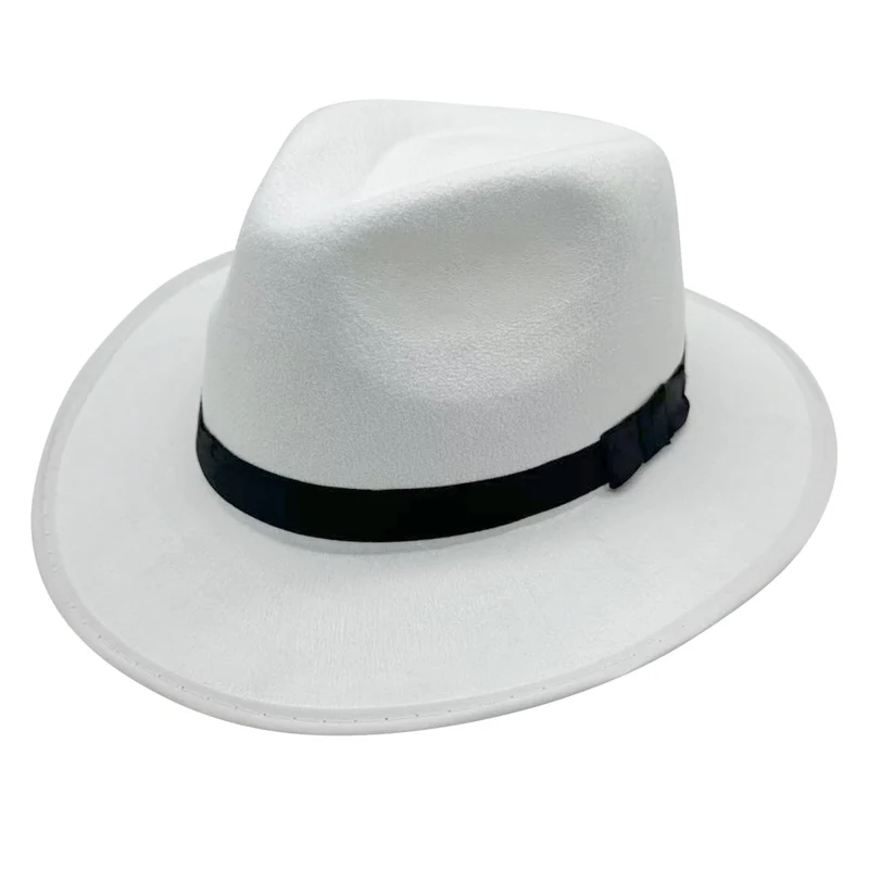 White Gangster Fedora Hat with Black Band for Adults