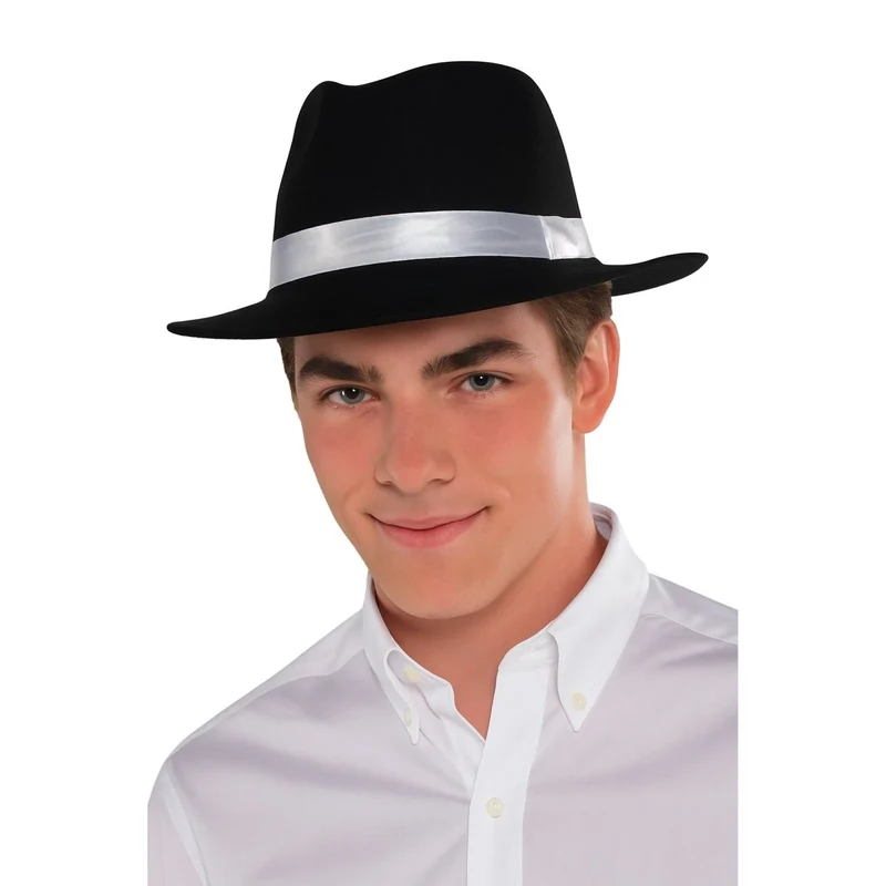 Black Gangster Fedora Hat with White Band for Adults