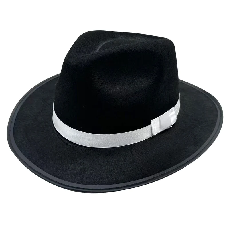 Black Gangster Fedora Hat with White Band for Adults