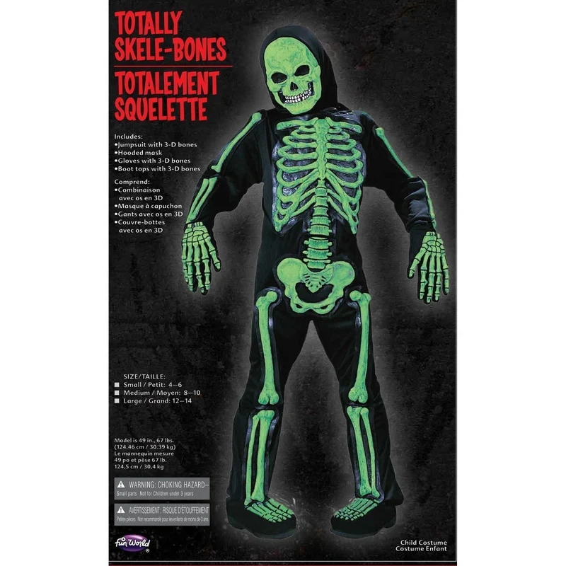 Green Totally Skele-Bones Costume for Kids, Hooded Jumpsuit
