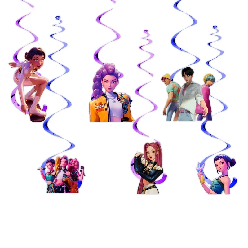 Kpop Anime Birthday Spiral Decoration Kit with Cutouts, Demon Hunter Inspired Pop Singer, 6 Count