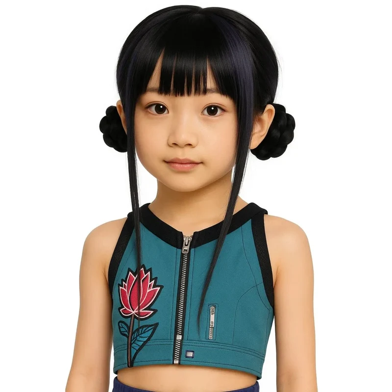 Black Twin Bun Wig for Kids, Demon Hunter Inspired Pop Singer