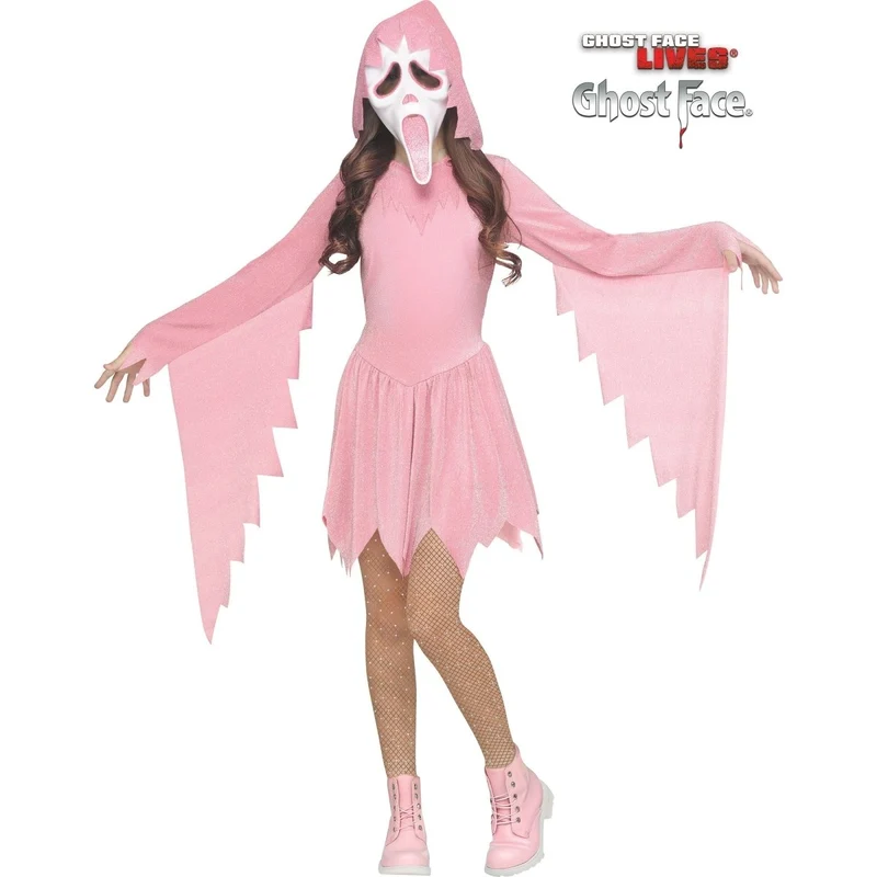 Pastel Pink Ghost Face Costume for Kids, Scream, Pink Hooded Dress