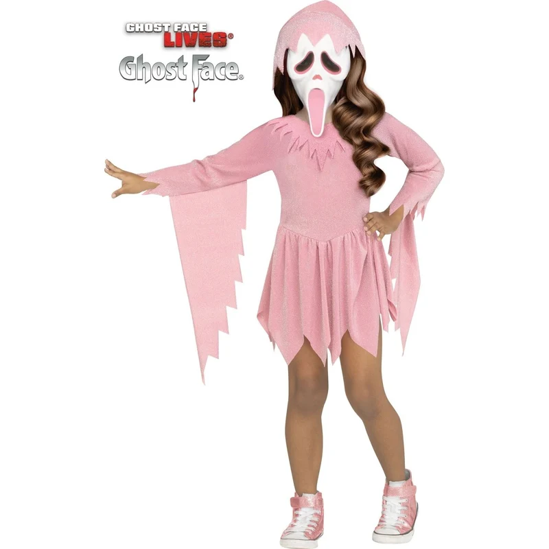 Pastel Pink Ghost Face Costume for Toddlers, Scream, Pink Hooded Dress