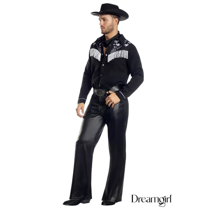 Cowboy Jim Costume for Adults, Black Shirt with Fringe