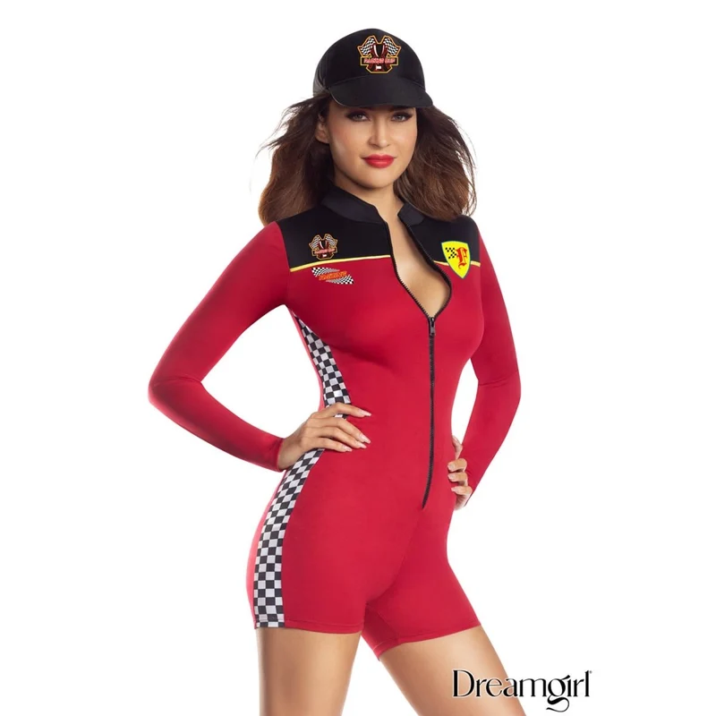 Pit Crew Princess Costume for Adults, Red Romper and Cap