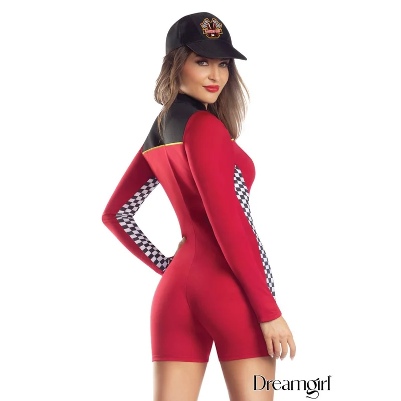Pit Crew Princess Costume for Adults, Red Romper and Cap