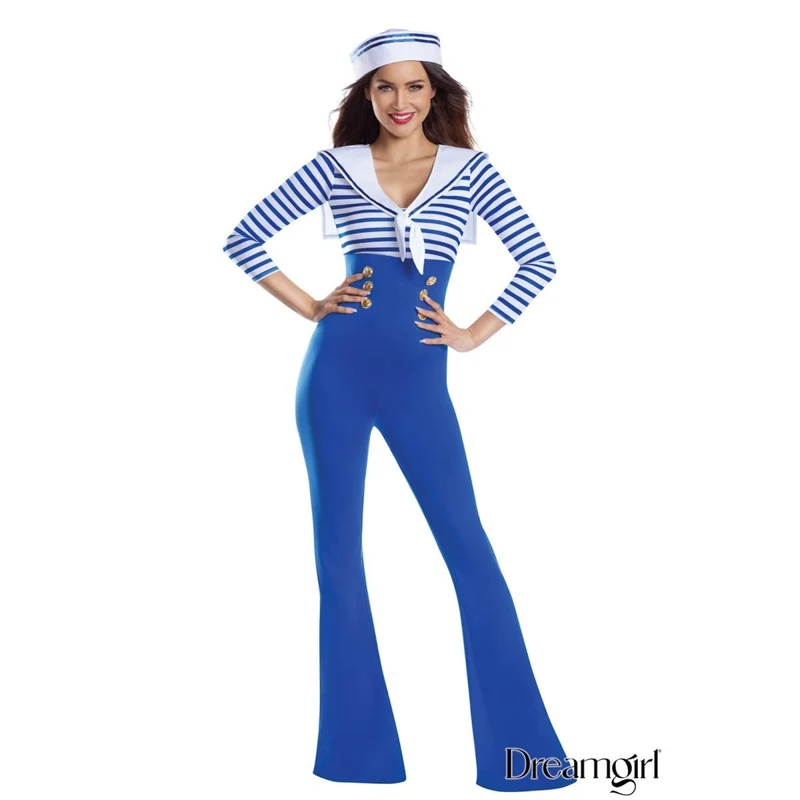 Sailorette Costume for Adults, Blue and White Jumpsuit