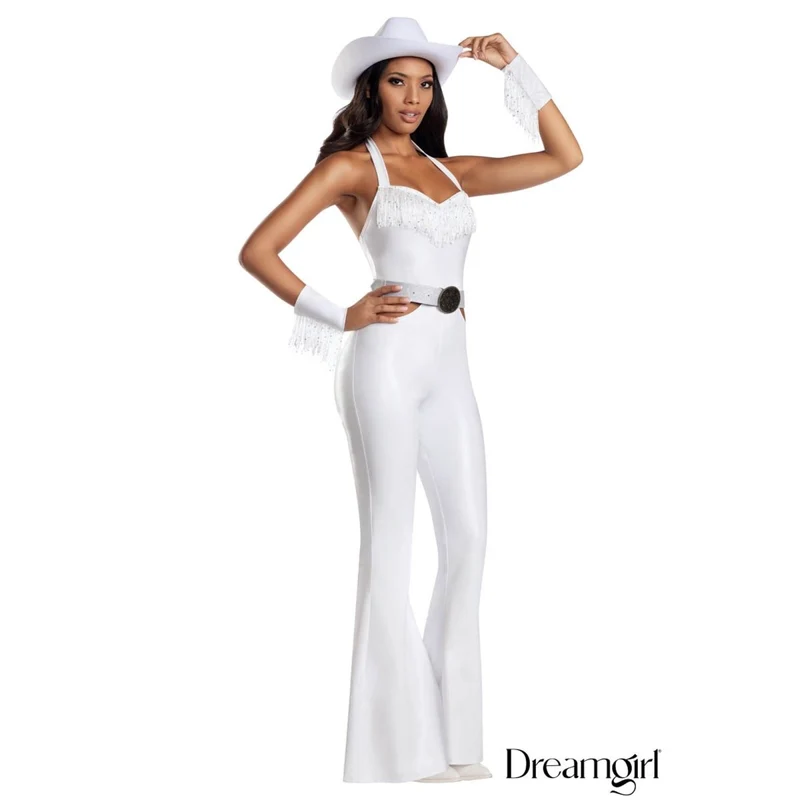 Buckle Bunny Cowgirl Costume for Adults, White Jumpsuit