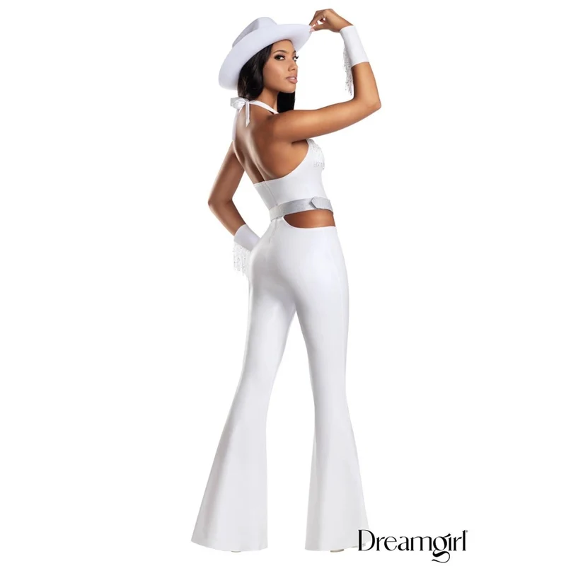 Buckle Bunny Cowgirl Costume for Adults, White Jumpsuit