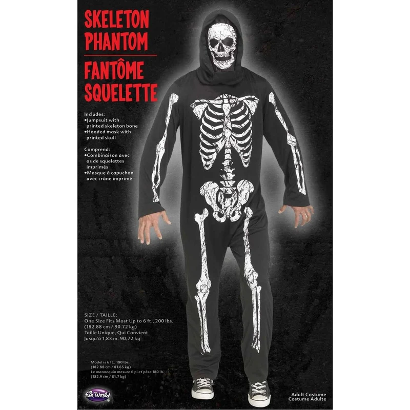 Skeleton Phantom Costume for Adults, Jumpsuit with Hooded Mask