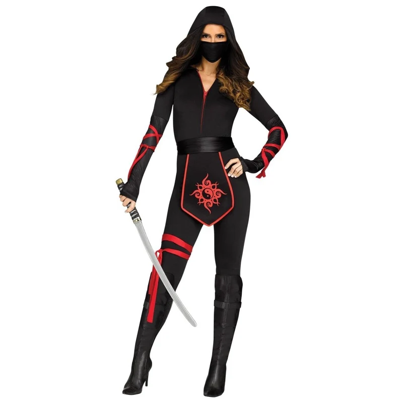 Sultry Ninja Warrior Costume for Adults, Black and Red Jumpsuit