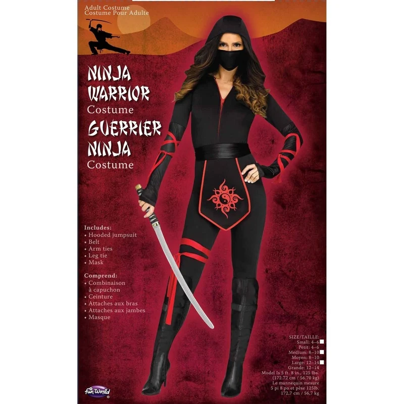 Sultry Ninja Warrior Costume for Adults, Black and Red Jumpsuit