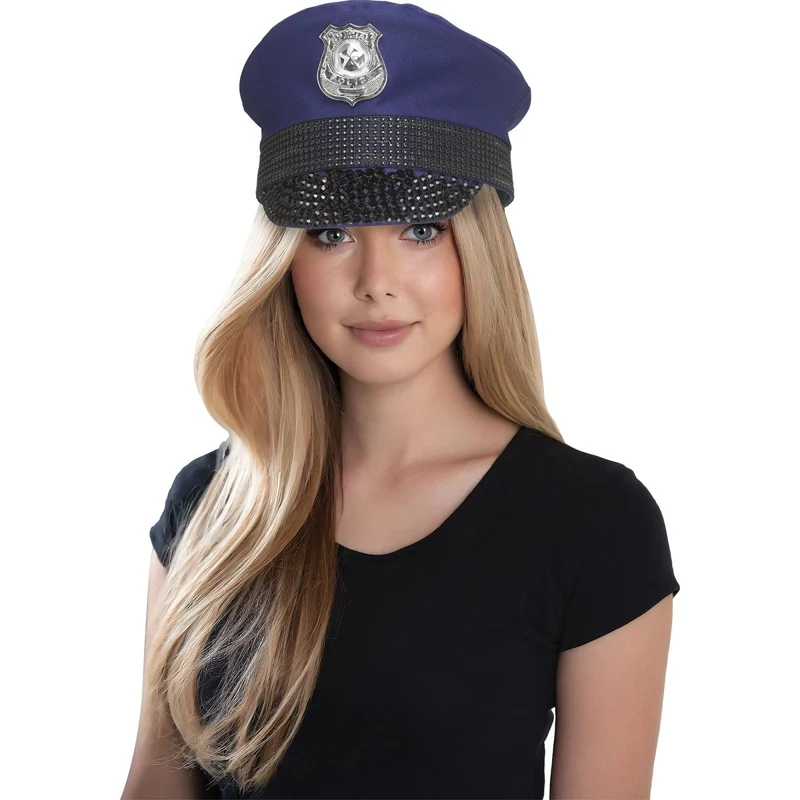 Navy Blue Bling Police Hat for Adults
