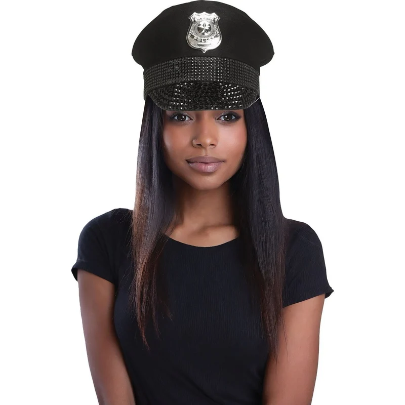 Black Bling Police Hat for Adults
