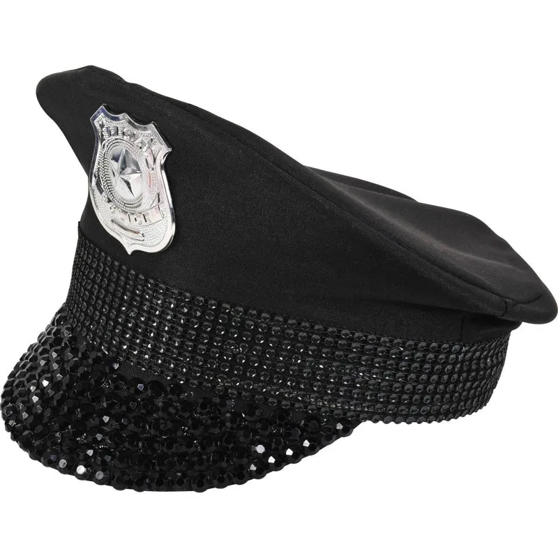 Black Bling Police Hat for Adults
