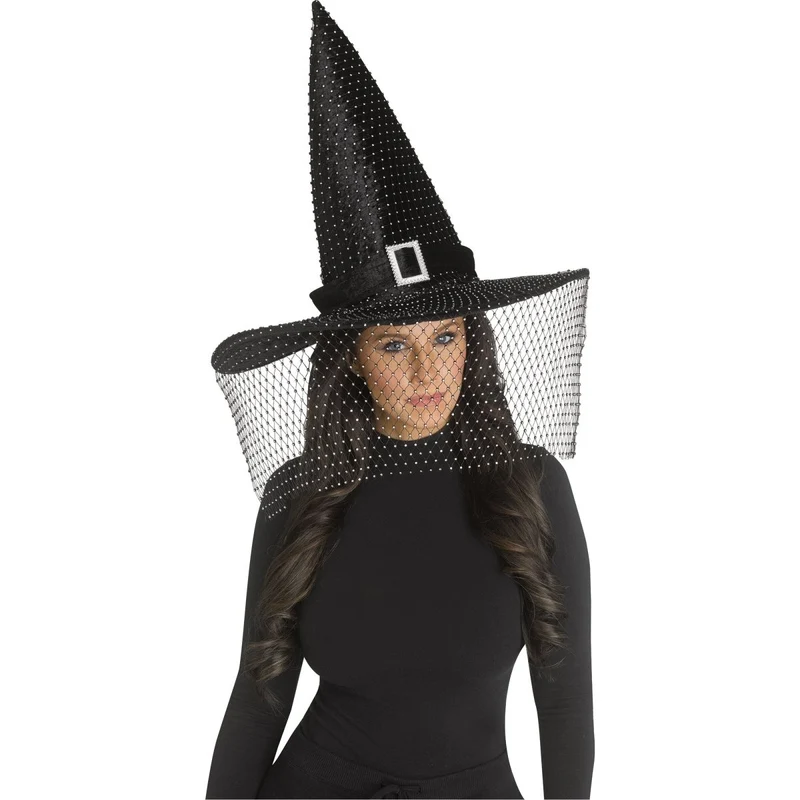Black Bling Witch Hat with Buckle Veil for Adults