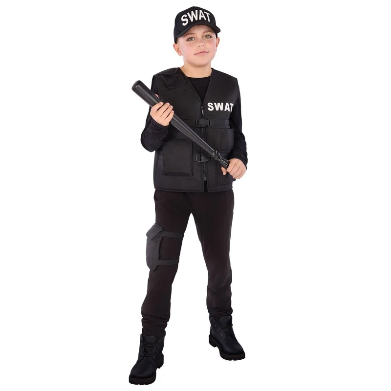 Swat Costume for Kids, Black Vest, Cap and Leg Pouch
