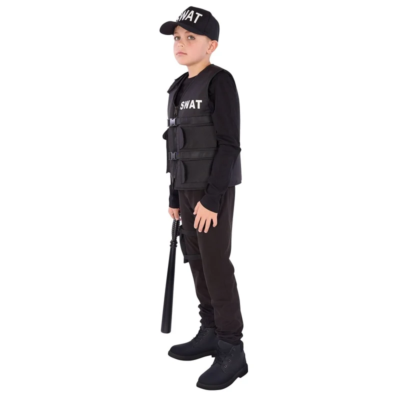 Swat Costume for Kids, Black Vest, Cap and Leg Pouch