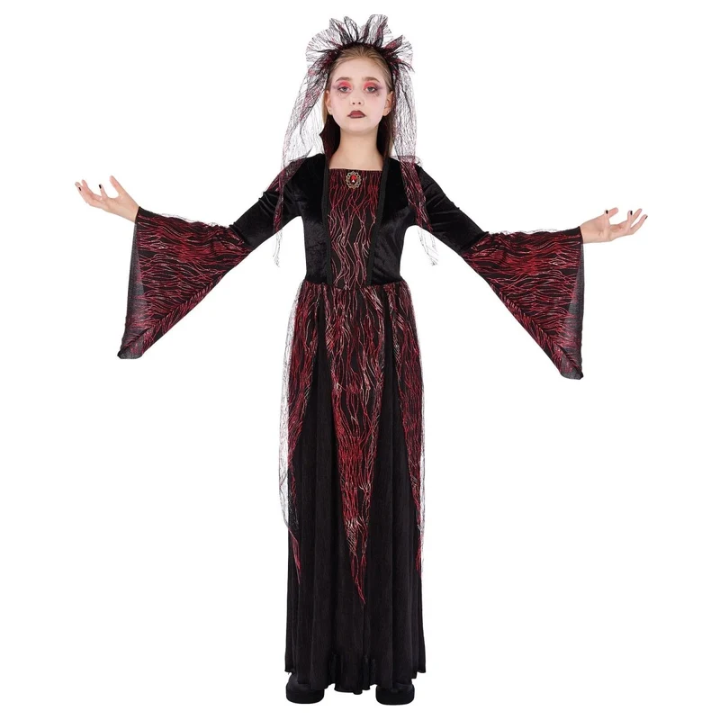 Fire Vampiress Costume for Kids, Black and Red Dress