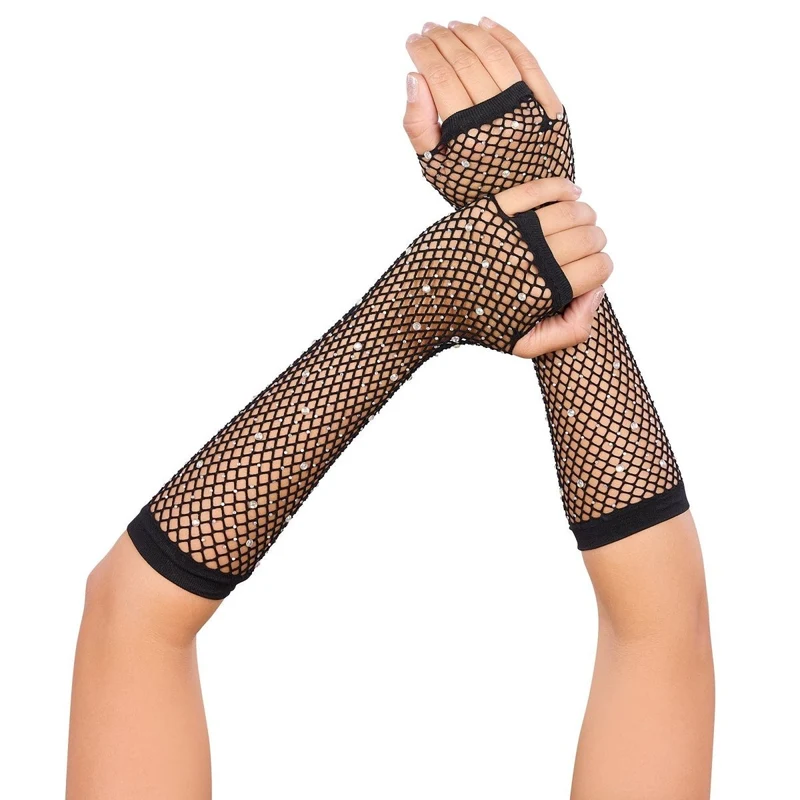 Black Fingerless Fishnet Gloves with Rhinestones for Adults