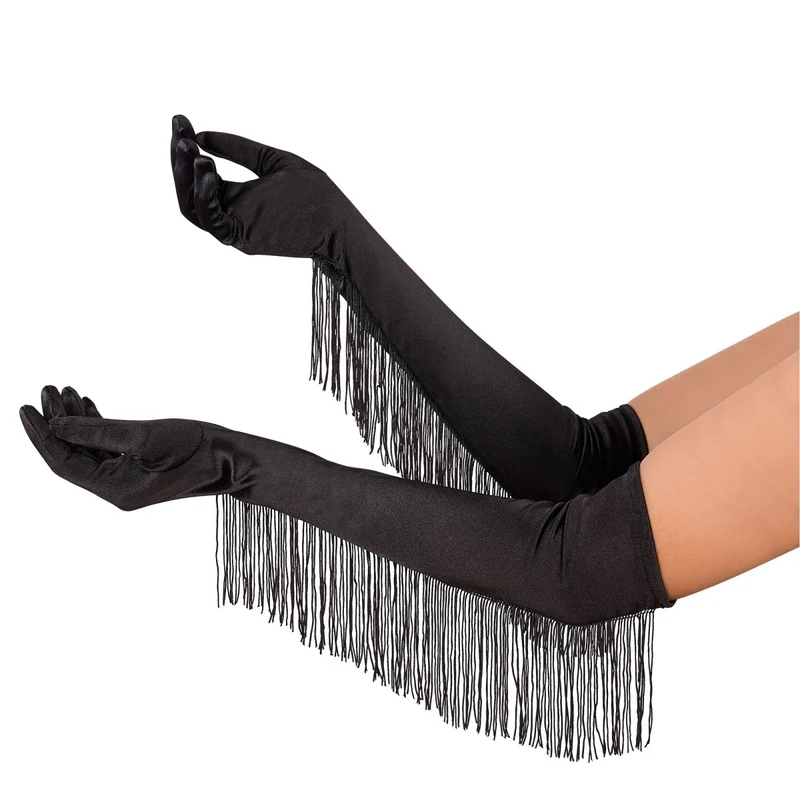 Black Long Satin Gloves with Fringes for Adults