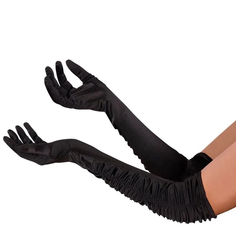 Black Long Ruched Satin Gloves for Adults