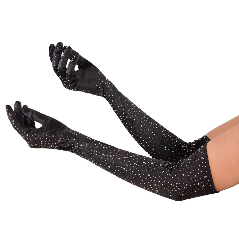 Black Long Satin Gloves with Rhinestones for Adults