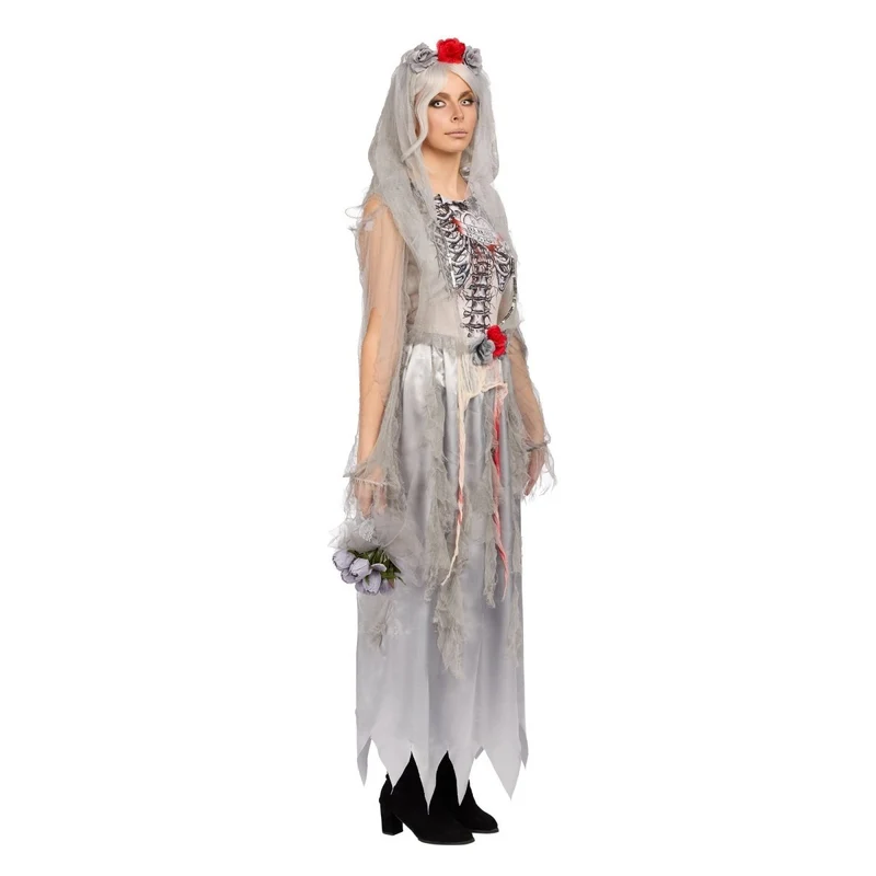 Zombie Bride Costume for Adults, Grey Dress