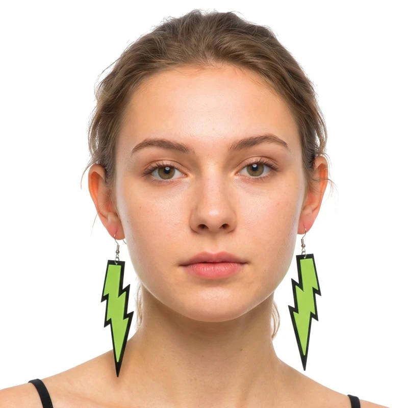 Neon Green Lightning Bolt Earrings, 2 Count