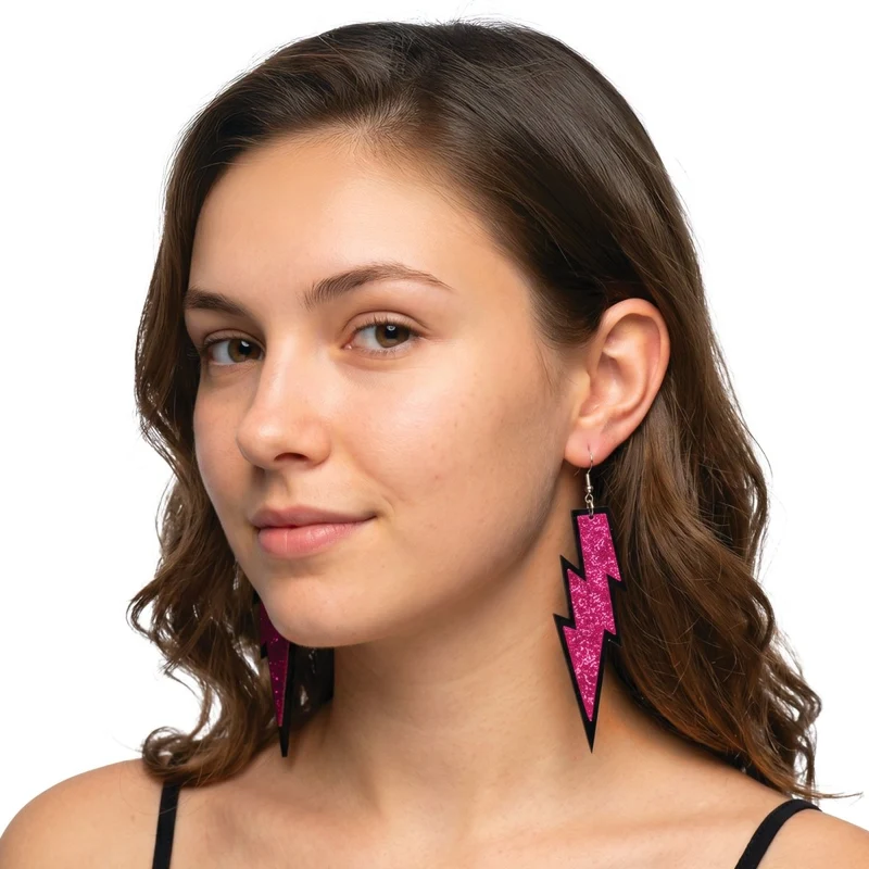 Neon Pink Lightning Bolt Earrings, 2 Count