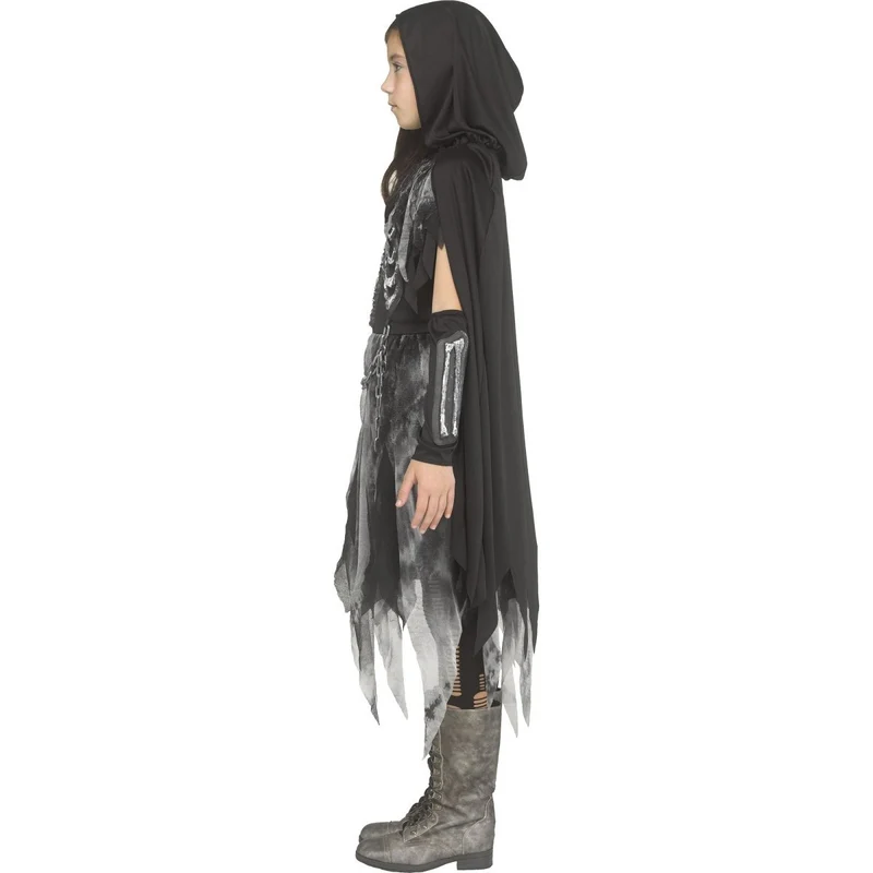 Bone Reaper Costume for Kids, Black Hooded Cape and Dress