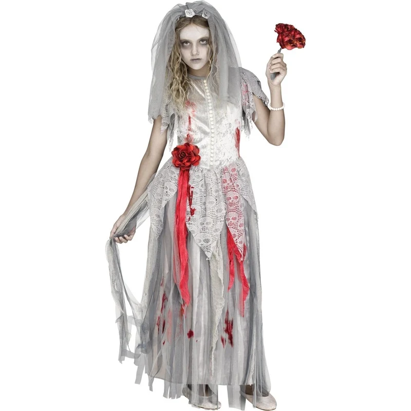 Zombie Bride Costume for Kids, Grey Gown and Veil